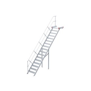 Euroline Podesttreppe 45 Grad, 1000 mm Stufenbreite, 1 Treppen-/Podestgeländer, Stufenausführung Alu – gerieft