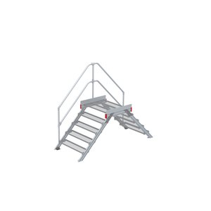Euroline Überstieg 45 Grad, 1000 mm Stufenbreite, 1 Treppen-/Podestgeländer, Stufenausführung Stahl – Gitterrost 