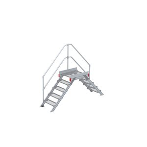 Euroline Überstieg 45 Grad, 600 mm Stufenbreite, 1 Treppen-/Podestgeländer, Stufenausführung Stahl – Gitterrost