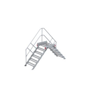Euroline Überstieg 45 Grad, 800 mm Stufenbreite, 1 Treppen-/Podestgeländer, Stufenausführung Stahl – Gitterrost