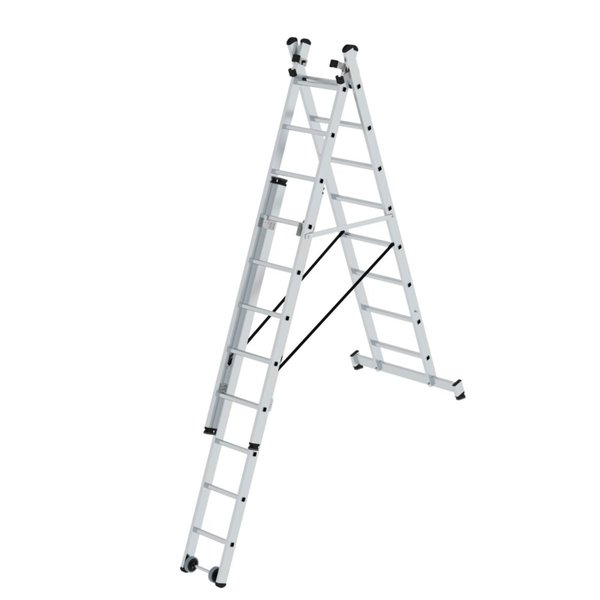 Günzburger Steigtechnik Sprossen-Mehrzweckleiter 3-teilig mit nivello®-Traverse und Wandlaufrollen 3x8 Sprossen