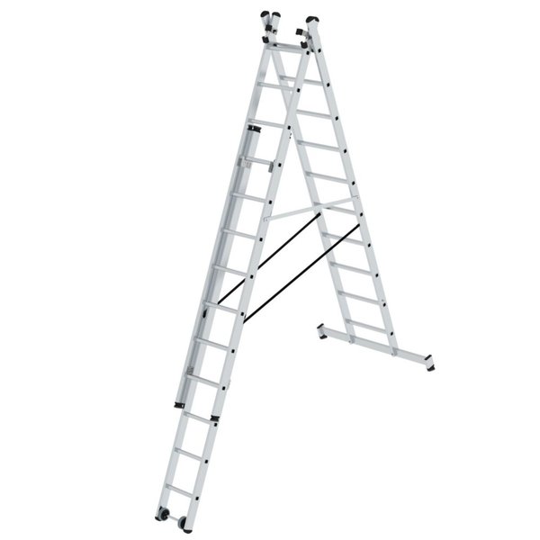 Günzburger Steigtechnik Sprossen-Mehrzweckleiter 3-teilig mit nivello®-Traverse und Wandlaufrollen 3x10 Sprossen