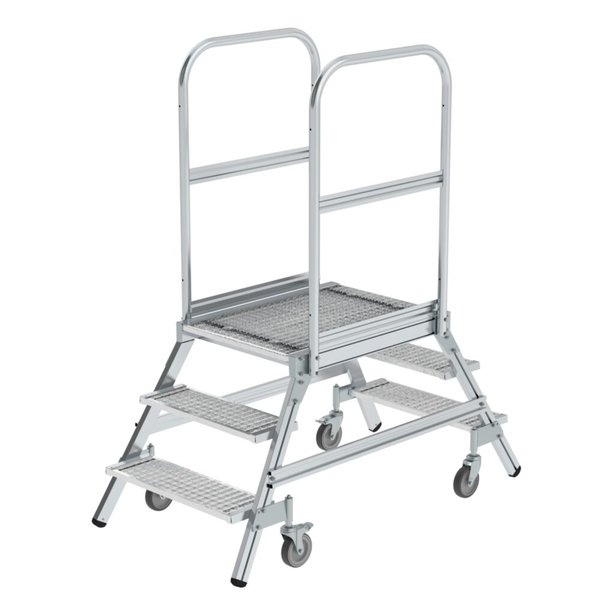 Günzburger Steigtechnik Podesttreppe beidseitig begehbar mit Federrollen Stahl Gitterrost 3 Stufen