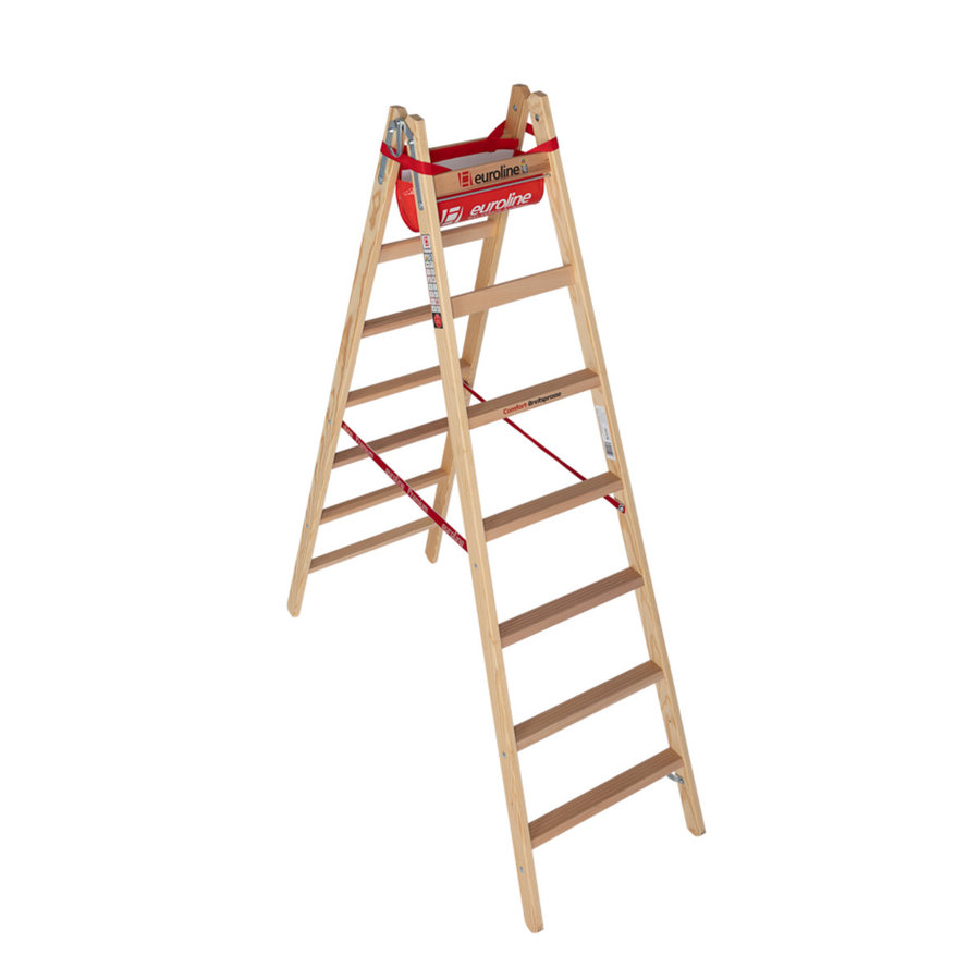 Euroline Holz-Sprossenleiter Nr. 10504 2x7 mit Comfort-Breitsprosse und Eimerhaken