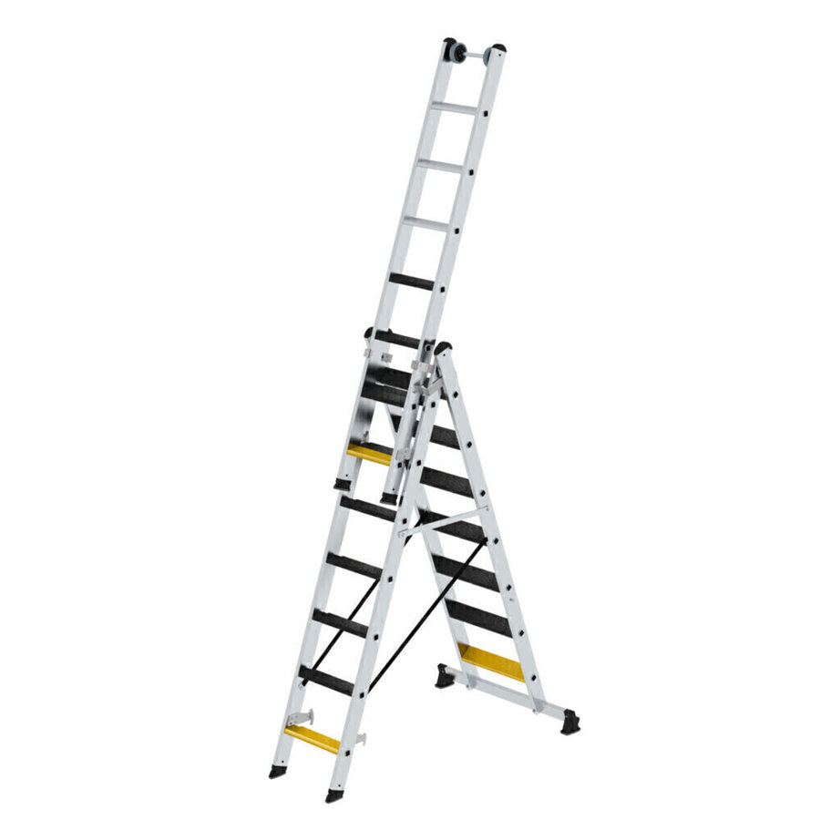 Günzburger Steigtechnik Stufen-Mehrzweckleiter 3-teilig mit nivello®-Traverse und clip-step R13 3x7 Stufen