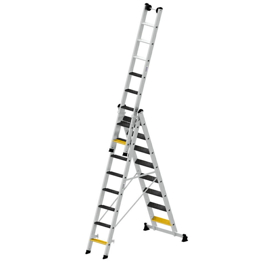 Günzburger Steigtechnik Stufen-Mehrzweckleiter 3-teilig mit nivello®-Traverse und clip-step R13 3x8 Stufen