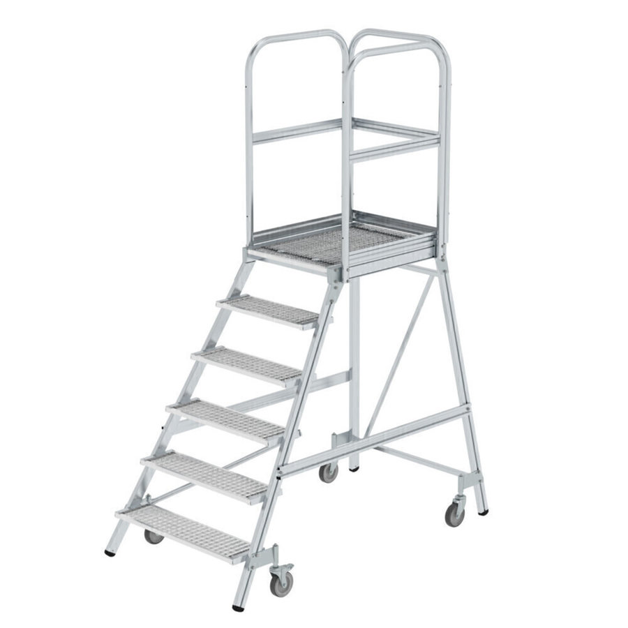 Günzburger Steigtechnik Podesttreppe einseitig begehbar mit Federrollen Stahl-Gitterrost 6 Stufen