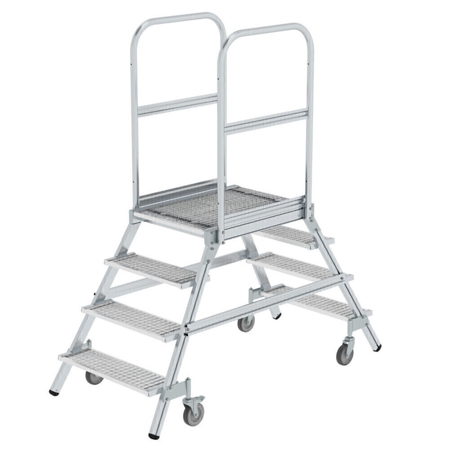 Günzburger Steigtechnik Podesttreppe beidseitig begehbar mit Federrollen Stahl Gitterrost 4 Stufen