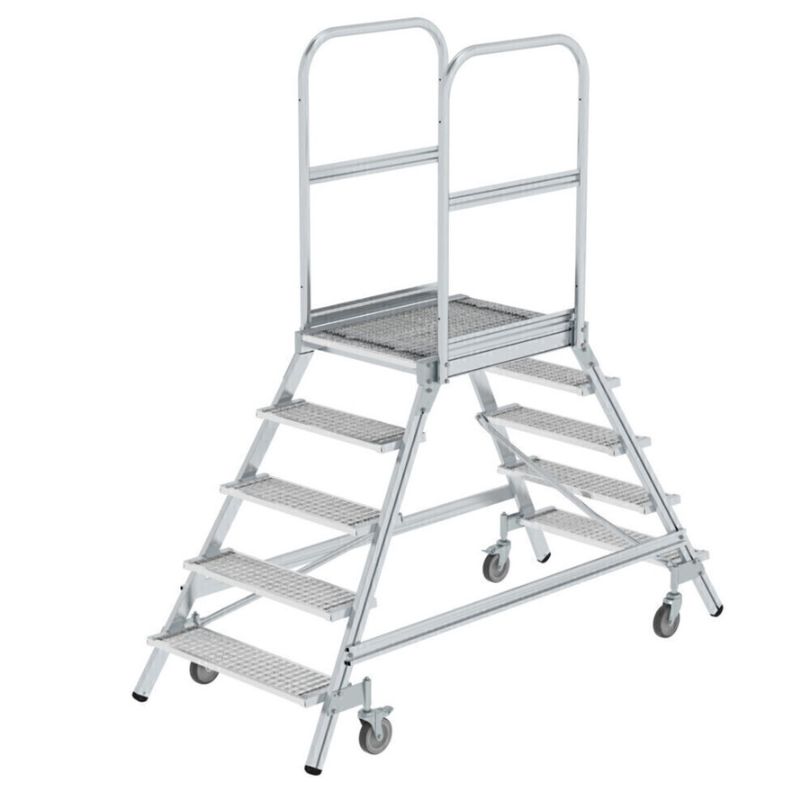 Günzburger Steigtechnik Podesttreppe beidseitig begehbar mit Federrollen Stahl Gitterrost 5 Stufen
