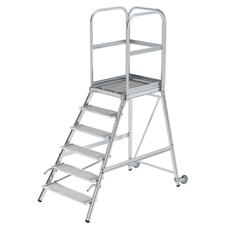Günzburger Steigtechnik Podesttreppe eins. begehbar mit Rollen und Griffen Stahl-Gitterrost 6 Stufen