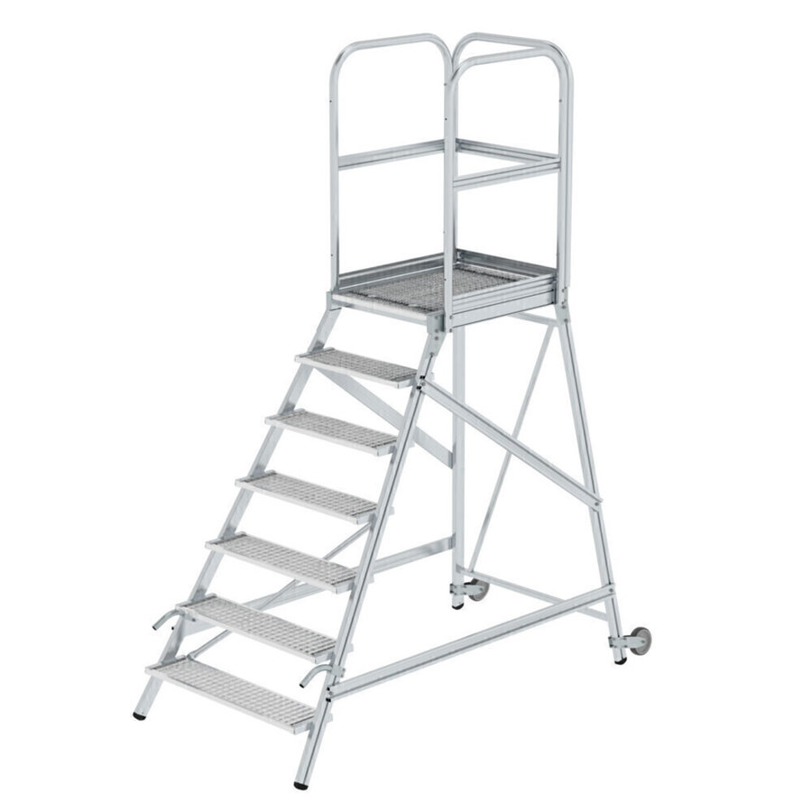 Günzburger Steigtechnik Podesttreppe eins. begehbar mit Rollen und Griffen Stahl-Gitterrost 7 Stufen
