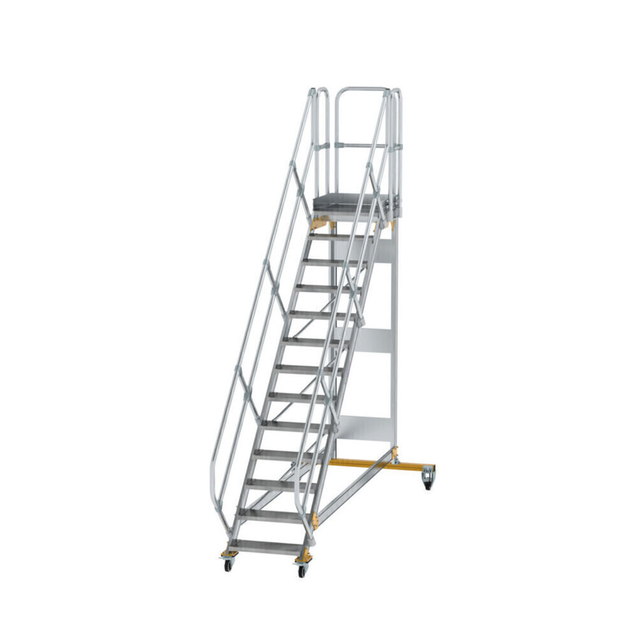 Günzburger Steigtechnik Plattformtreppe 45° fahrbar Stufenbreite 600 mm 13 Stufen Aluminium geriffelt