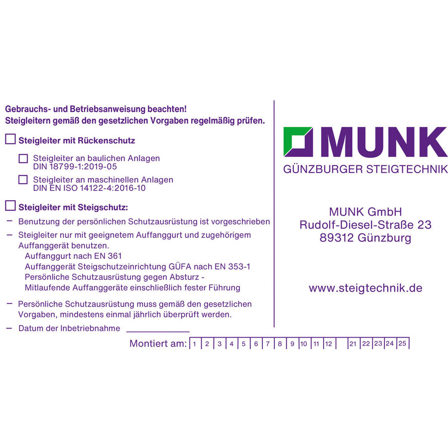 Günzburger Steigtechnik Kennzeichnungsschild für Steigschutzeinrichtung f. Steigschutz