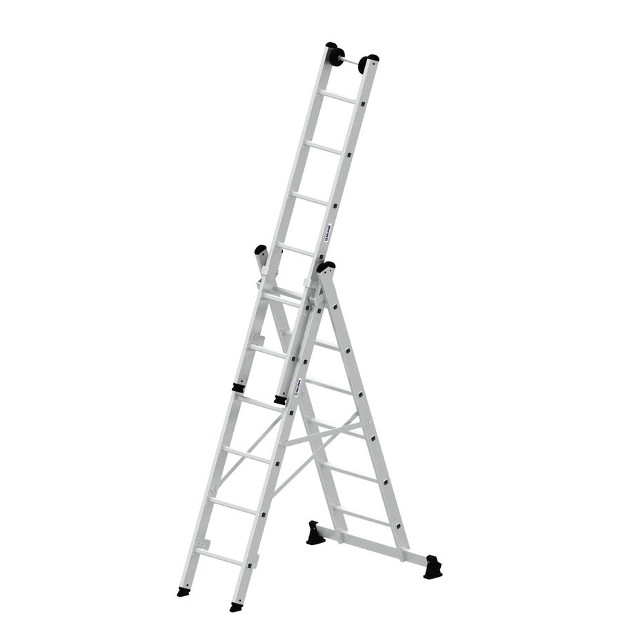 Günzburger Steigtechnik Mehrzweckleiter 3-teilig mit nivello®-Traverse und Wandlaufrollen 3x6 Sprossen