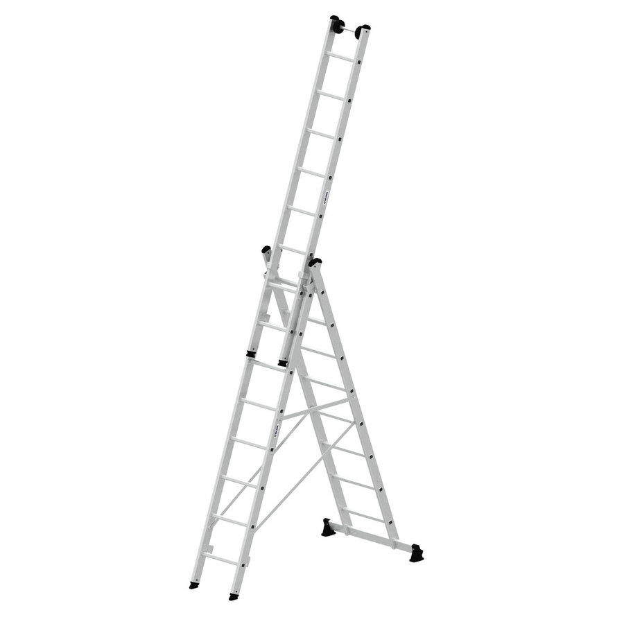 Günzburger Steigtechnik Mehrzweckleiter 3-teilig mit nivello®-Traverse und Wandlaufrollen 3x8 Sprossen