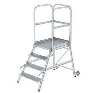 Günzburger Steigtechnik Podesttreppe einseitig begehbar mit Rollen und Griffen Aluminium geriffelt