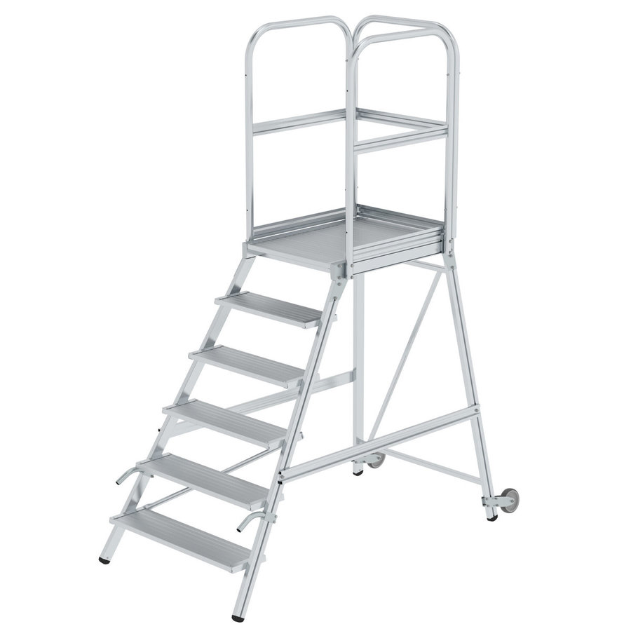 Günzburger Steigtechnik Podesttreppe einseitig begehbar mit Rollen und Griffen Aluminium geriffelt 6 Stufen