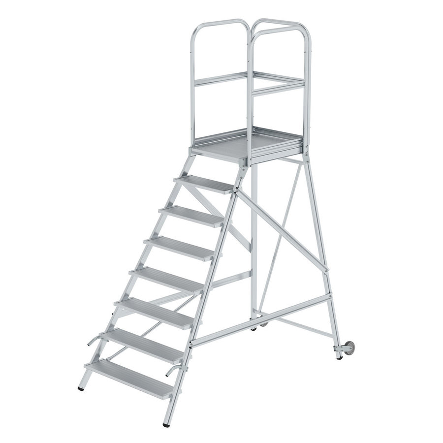 Günzburger Steigtechnik Podesttreppe einseitig begehbar mit Rollen und Griffen Aluminium geriffelt 8 Stufen