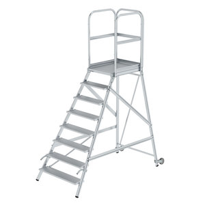 Günzburger Steigtechnik Podesttreppe einseitig begehbar mit Rollen und Griffen Aluminium geriffelt
