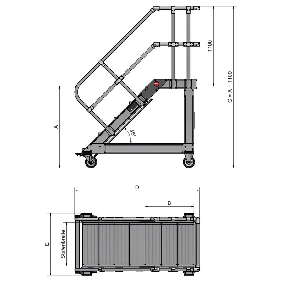 Hailo Professional Plattformtreppe fahrbar 45°, Stufenbreite 600 mm 8 Stufen