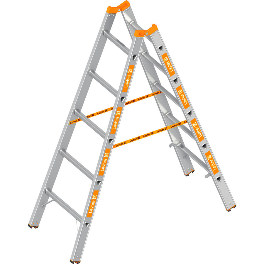Layher Sprossenstehleiter TOPIC 5 Sprossen, Aluminiumleiter 2x5 Sprossen, beidseitig begehbar, klappbar, Länge 1.55 m