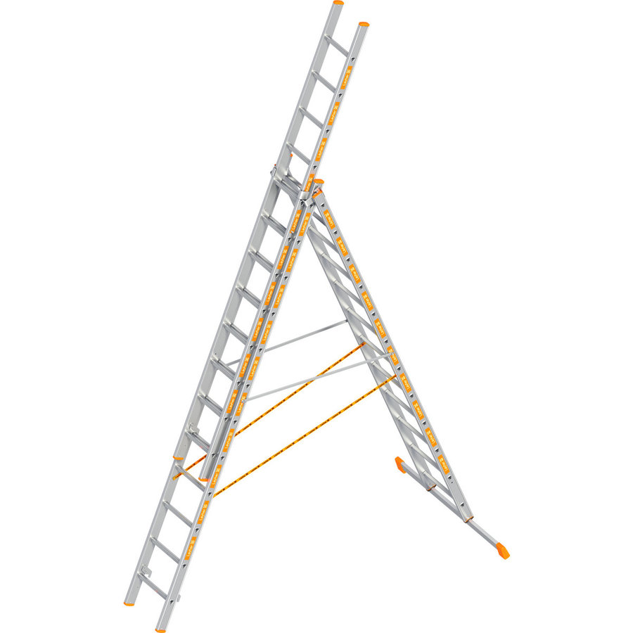 Layher Allzweckleiter TOPIC 12 Sprossen, Aluminiumleiter 3-teilig 3x12 Sprossen, ausziehbar, beidseitig begehbar, klappbar, Länge 8.35 m