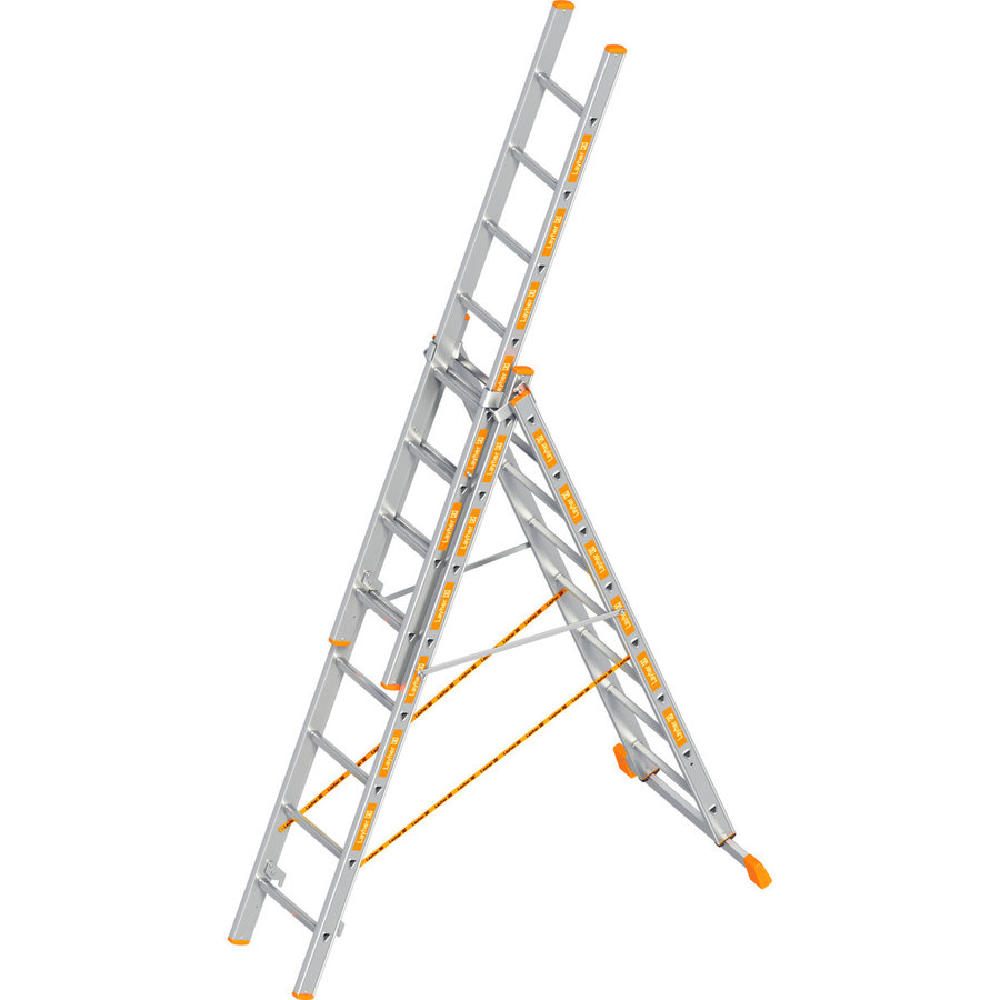 Layher Allzweckleiter TOPIC 12 Sprossen, Aluminiumleiter 3-teilig 3x12 Sprossen, ausziehbar, beidseitig begehbar, klappbar, Länge 8.35 m