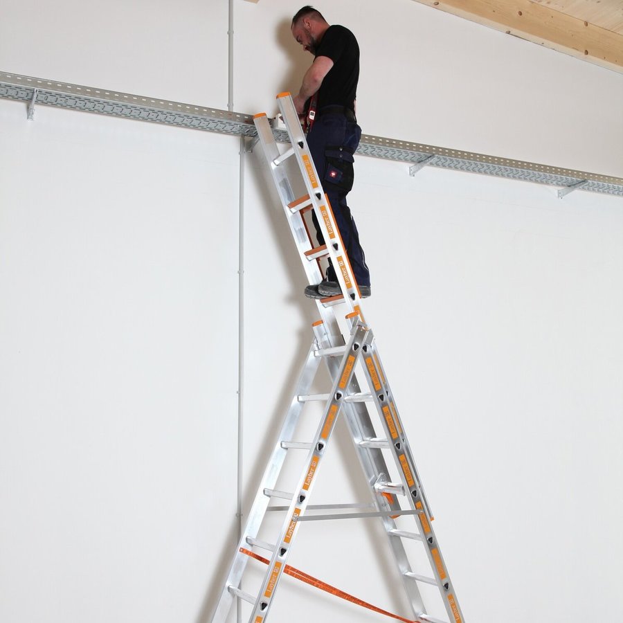 Layher Allzweckleiter TOPIC 12 Sprossen, Aluminiumleiter 3-teilig 3x12 Sprossen, ausziehbar, beidseitig begehbar, klappbar, Länge 8.35 m