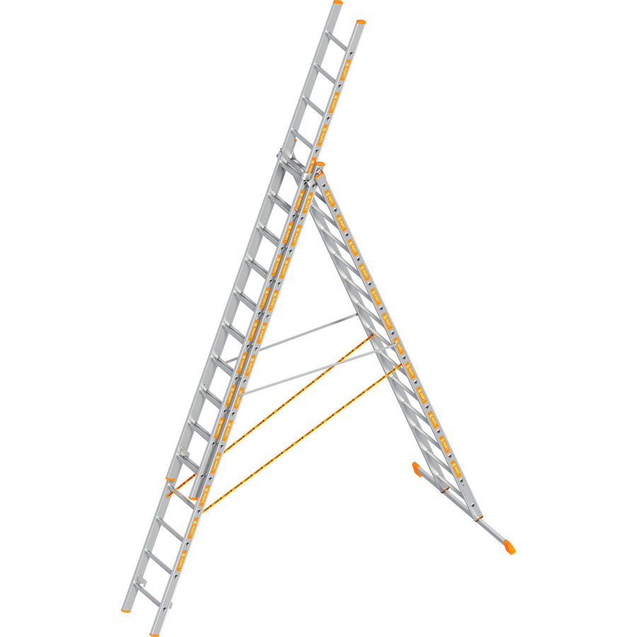 Layher Allzweckleiter TOPIC 14 Sprossen, Aluminiumleiter 3-teilig 3x14 Sprossen, ausziehbar, beidseitig begehbar, klappbar, Länge 10.05 m