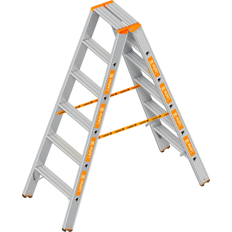 Layher Stufenstehleiter TOPIC 6 Stufen; Aluminiumleiter 2x6 Stufen 80 mm breit, beidseitig begehbar, klappbar, Länge 1.50 m