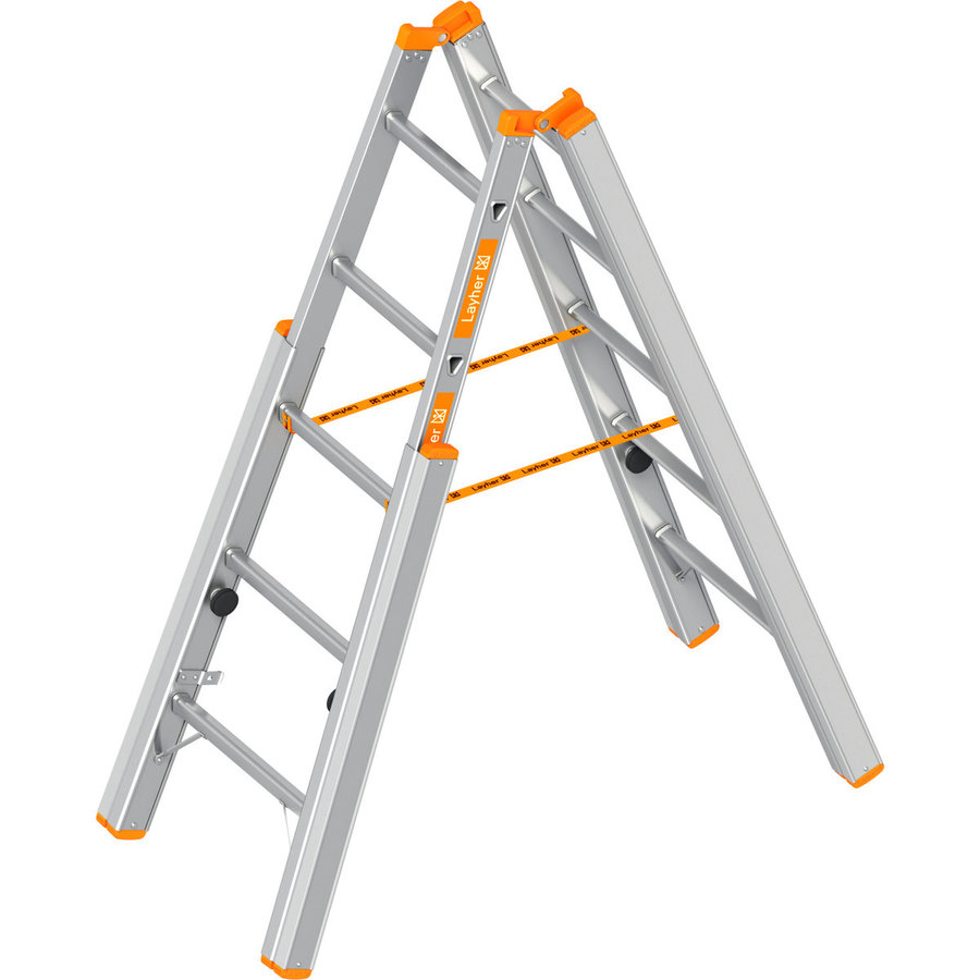 Layher Treppenstehleiter TOPIC 5 Sprossen, Aluminiumleiter klappbar mit verstellbaren Holmen, Länge 1.55 m