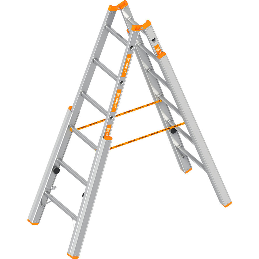 Layher Treppenstehleiter TOPIC 6 Sprossen, Aluminiumleiter klappbar mit verstellbaren Holmen, Länge 1.85 m