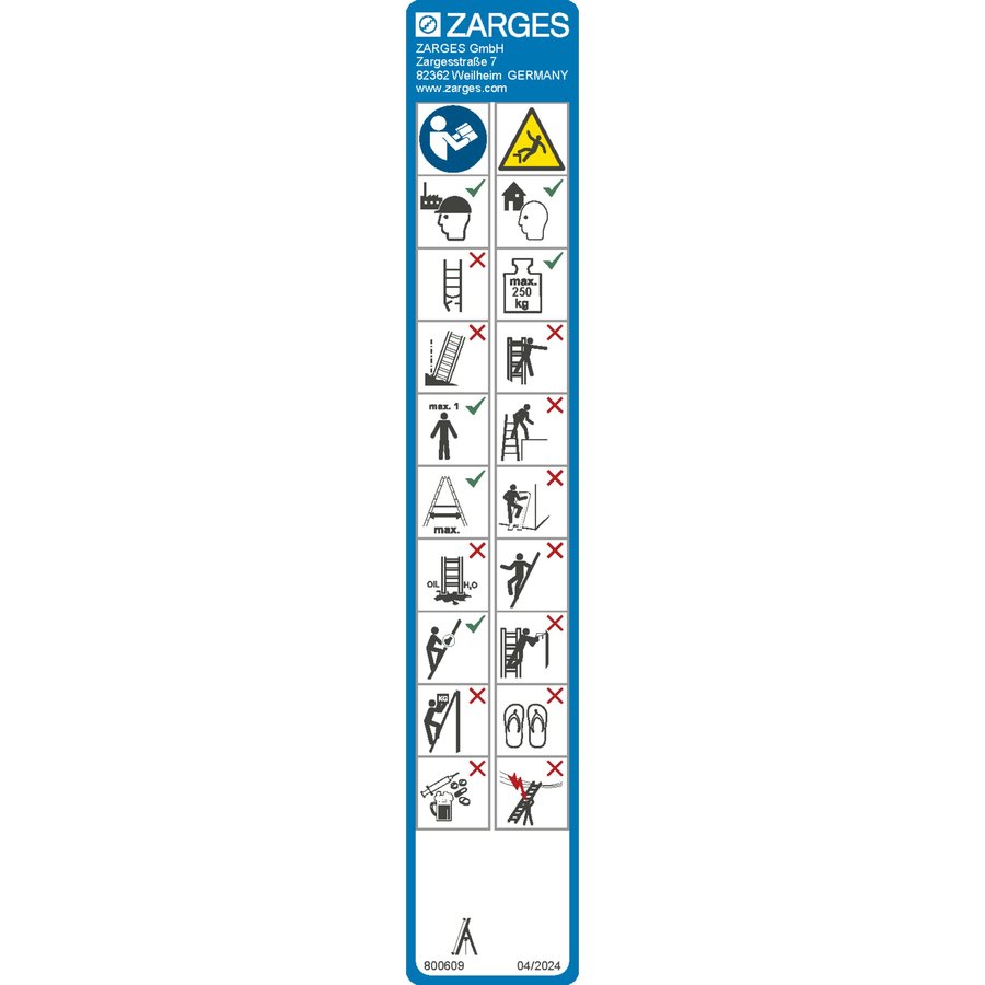 ZARGES Hinweisschild Stehleitern eins. 250 kg