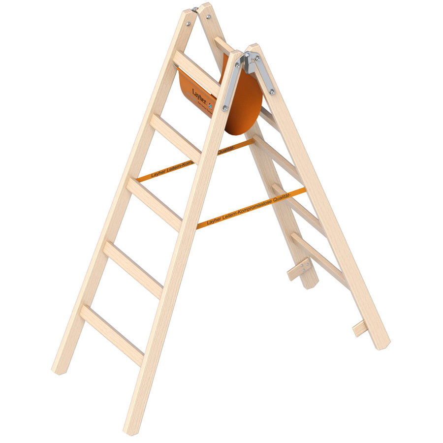 Layher Holzstehleiter 5 Sprossen aus stabilem Holz mit 2x5 Sprossen; beidseitig begehbar; klappbar; Länge 1.50 m