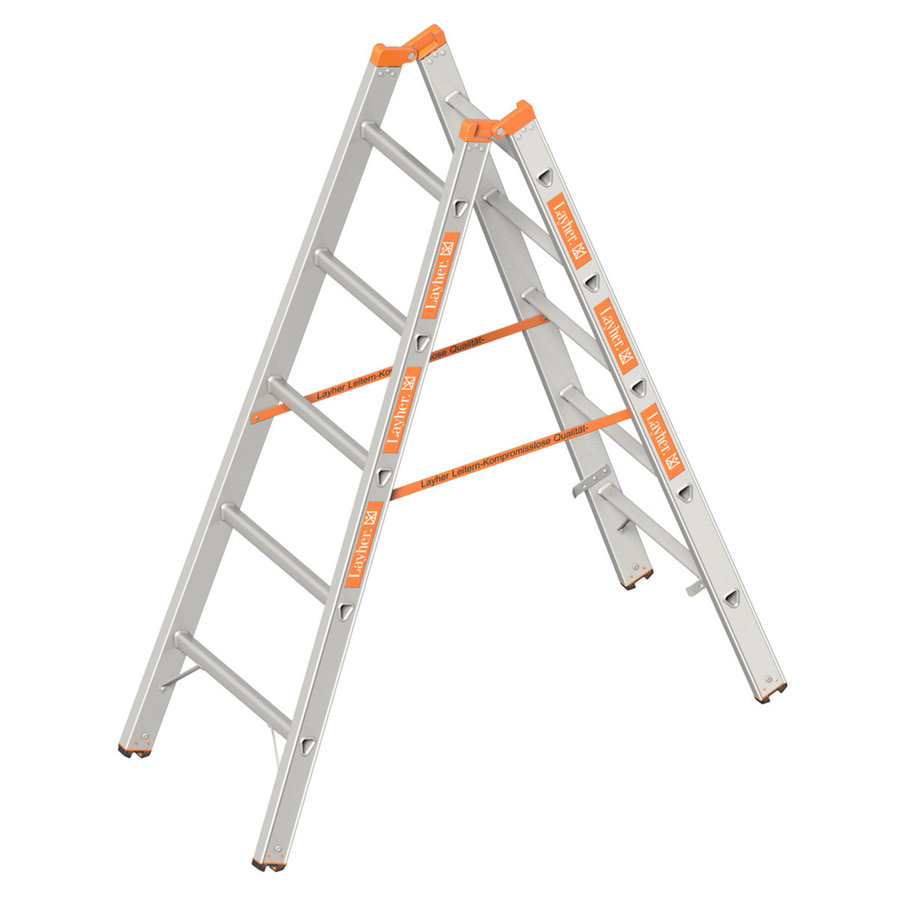 Layher Sprossenstehleiter TOPIC 5 Sprossen, Aluminiumleiter 2x5 Sprossen, beidseitig begehbar, klappbar, Länge 1.55 m