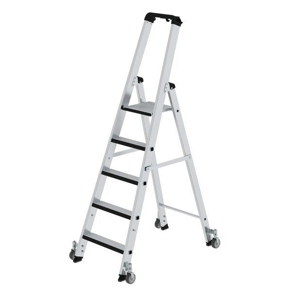 Günzburger Steigtechnik Stufen-Stehleiter einseitig begehbar mit relax step® und Rollen 5 Stufen