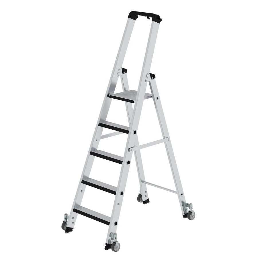 Günzburger Steigtechnik Stufen-Stehleiter einseitig begehbar mit relax step® und Rollen 5 Stufen