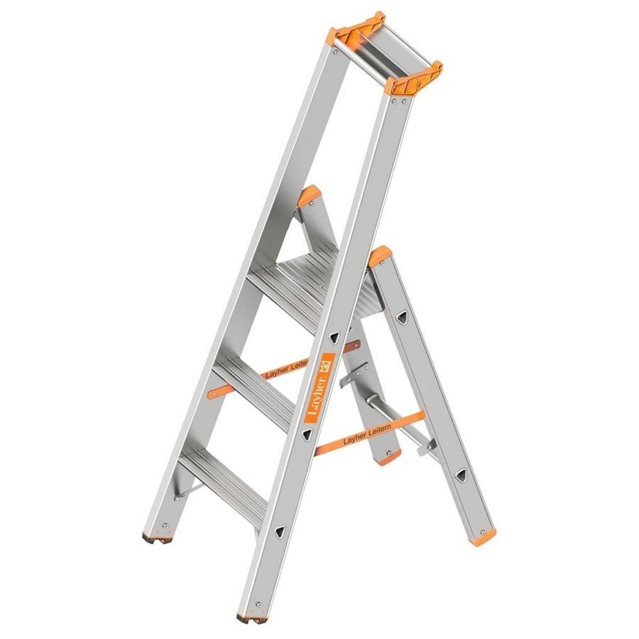 Layher Stufenstehleiter einseitig begehbar TOPIC mit 3 breiten Stufen; Aluminiumleiter klappbar mit Podest, Länge 1.40 m