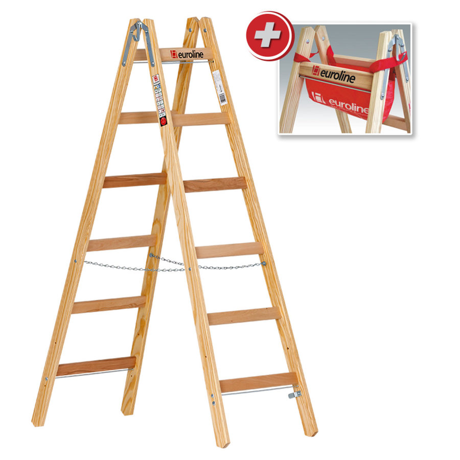 Euroline Holz-Sprossenstehleiter 2x6 Nr. 10501 im SET Eimerhaken und Werkzeugtasche inklusive