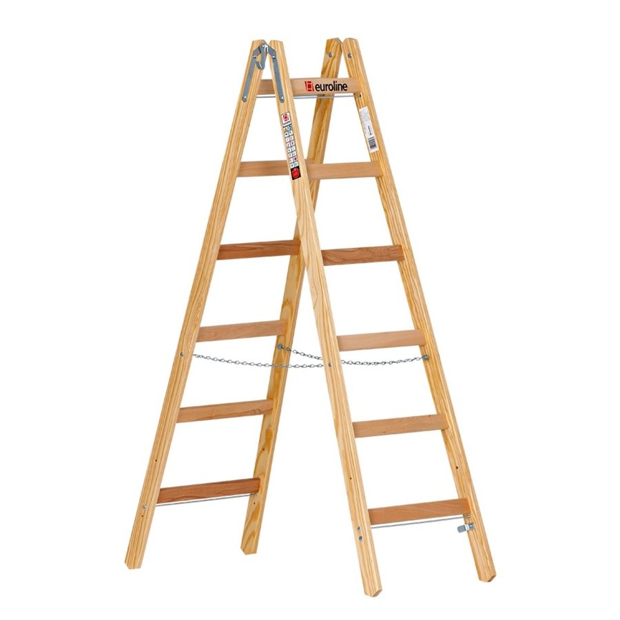 Euroline Holz-Sprossenstehleiter 2x6 Nr. 10501 im SET Eimerhaken und Werkzeugtasche inklusive