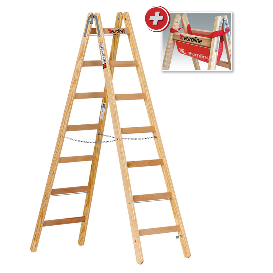 Euroline Holz-Sprossenstehleiter 2x7 Nr. 10501 im SET Eimerhaken und Werkzeugtasche inklusive
