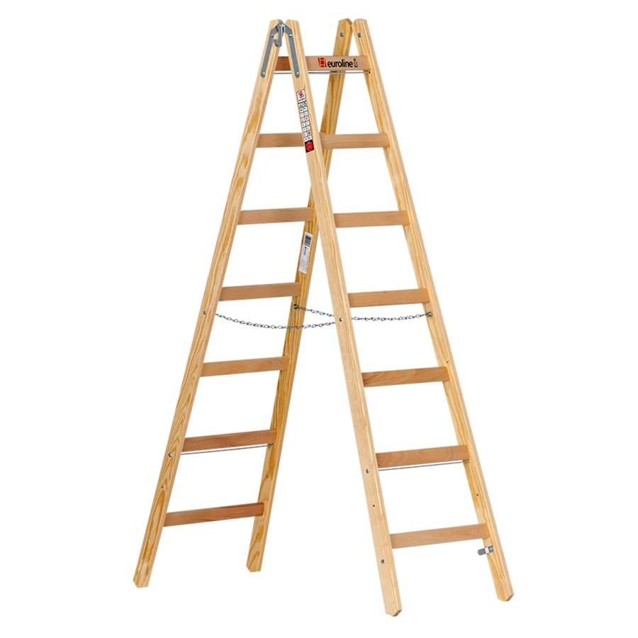 Euroline Holz-Sprossenstehleiter 2x7 Nr. 10501 im SET Eimerhaken und Werkzeugtasche inklusive