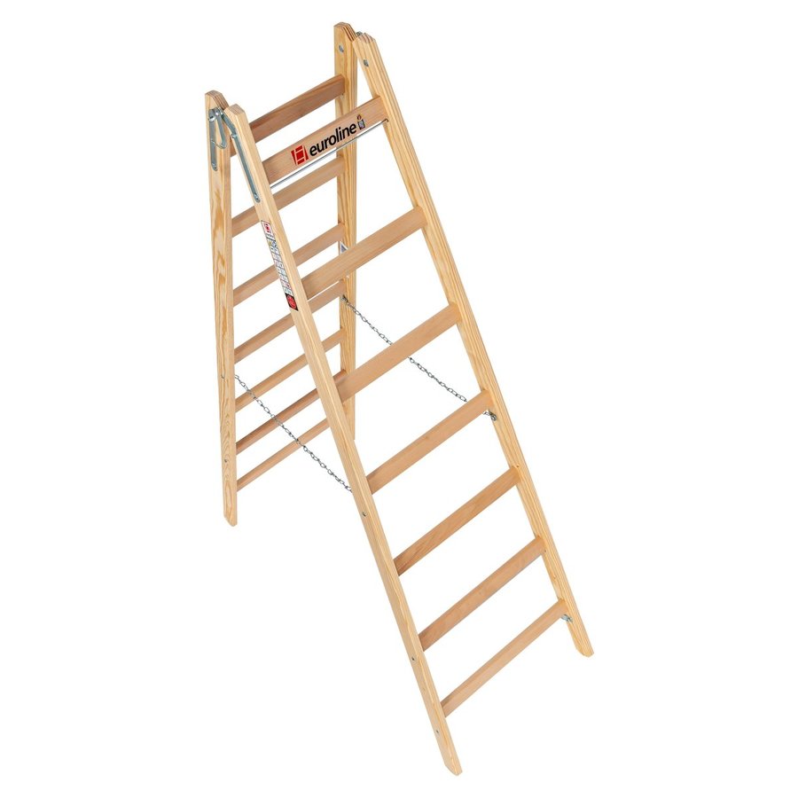 Euroline Holz-Sprossenstehleiter 2x7 Nr. 10501 im SET Eimerhaken und Werkzeugtasche inklusive