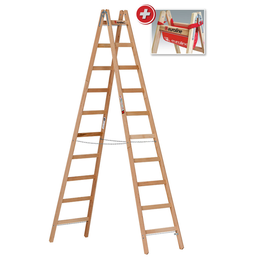 Euroline Holz-Sprossenstehleiter 2x10 Nr. 10501 im SET Eimerhaken und Werkzeugtasche inklusive