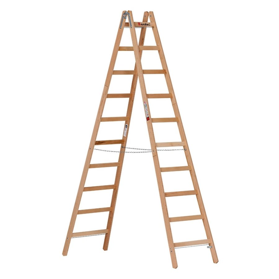 Euroline Holz-Sprossenstehleiter 2x10 Nr. 10501 im SET Eimerhaken und Werkzeugtasche inklusive