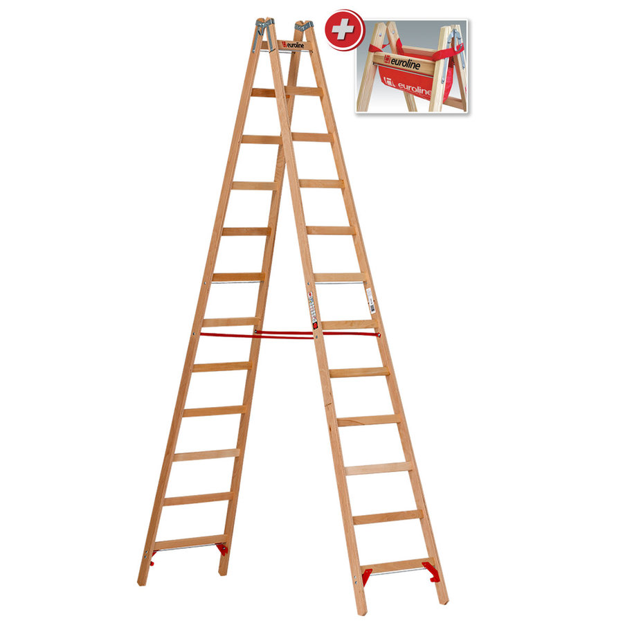 Euroline Holz-Sicherheitsleiter 2x12 Nr. 10502 im SET Eimerhaken und Werkzeugtasche inklusive