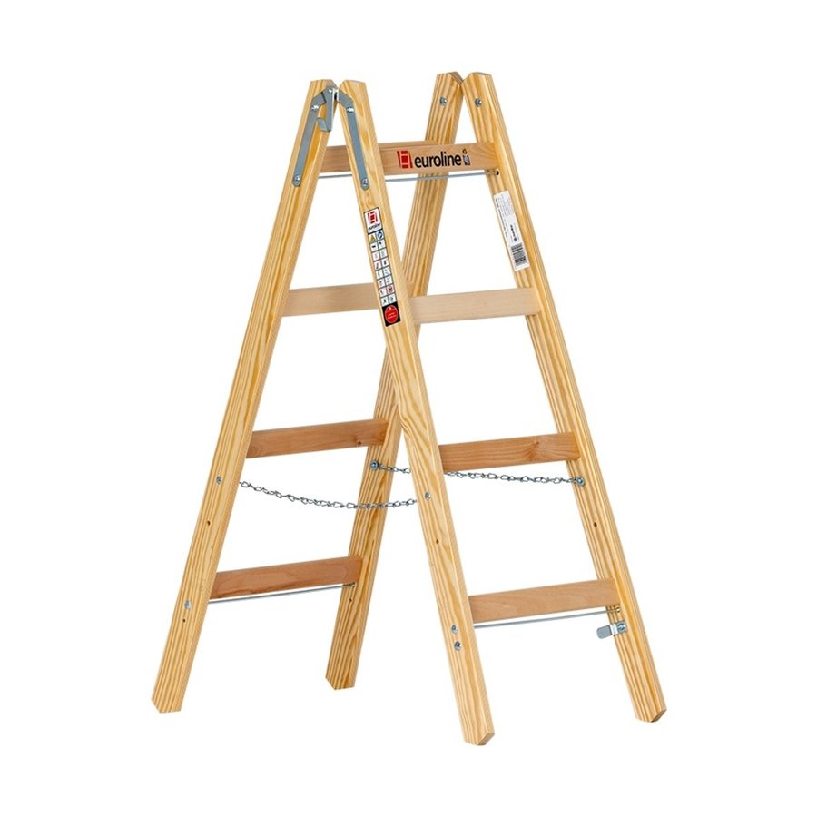 Euroline Holz-Sprossenstehleiter 2x4 Nr. 10501 im SET Eimerhaken und Werkzeugtasche inklusive