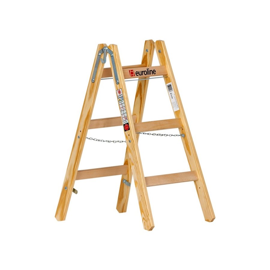 Euroline Holz-Sprossenstehleiter 2x3 Nr. 10501 im SET Eimerhaken und Werkzeugtasche inklusive