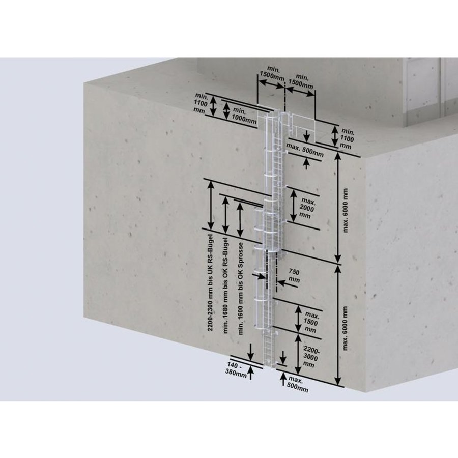 Günzburger Steigtechnik Mehrzügige Steigleitern mit Rückenschutz Steighöhe 15,12m Aluminium blank