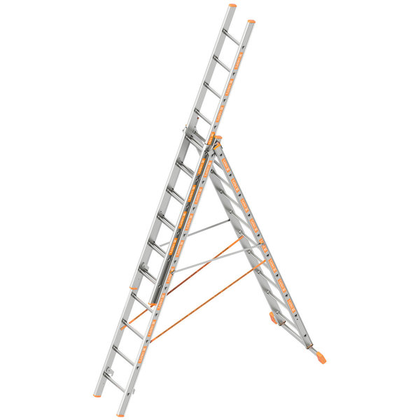 Layher Allzweckleiter TOPIC 10 Sprossen, Aluminiumleiter 3-teilig 3x10 Sprossen, ausziehbar, beidseitig begehbar, klappbar, Länge 6.65 m